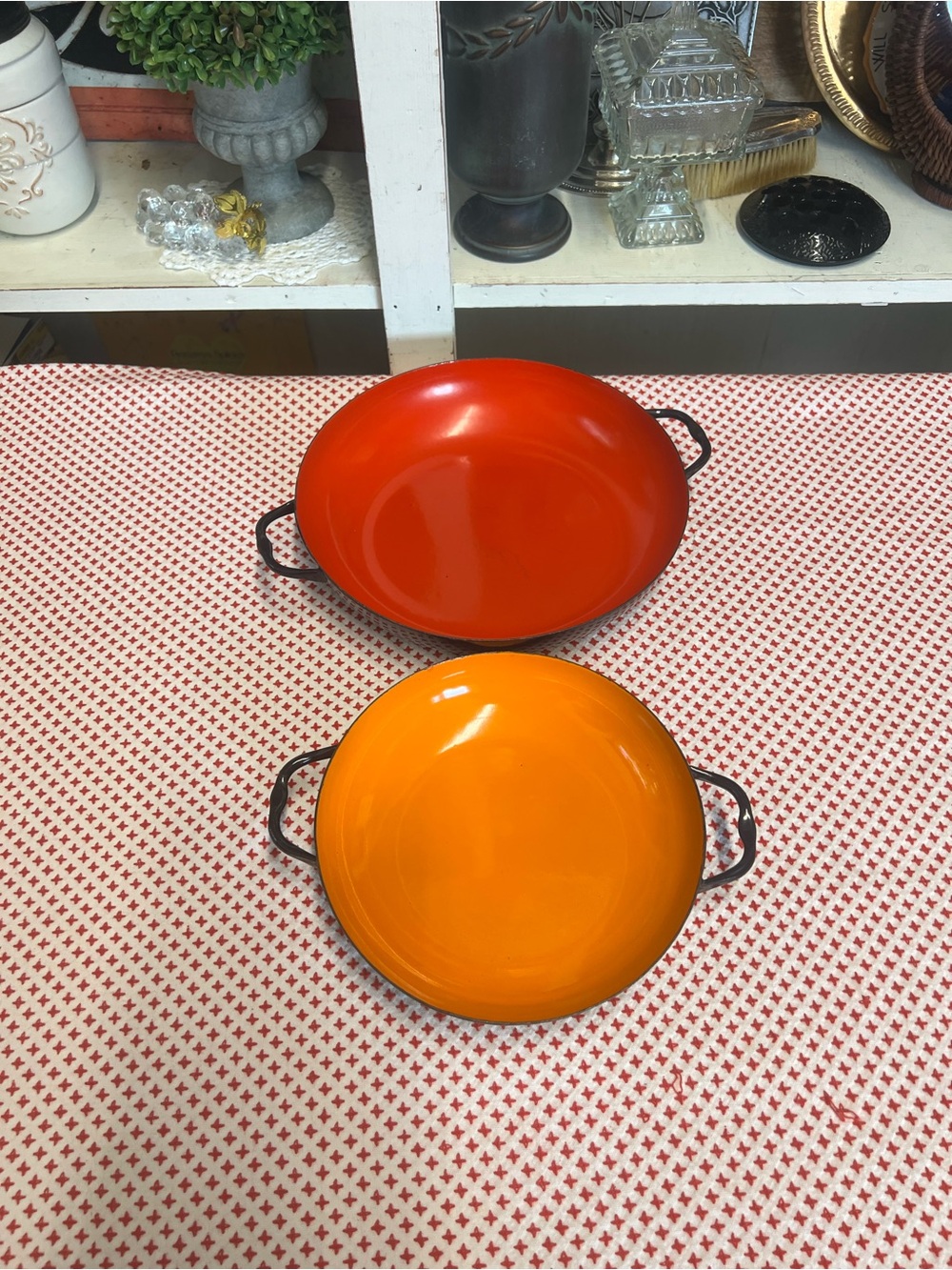 Vintage Poland enamel sauté pans Hura Silesia orange red black mcm